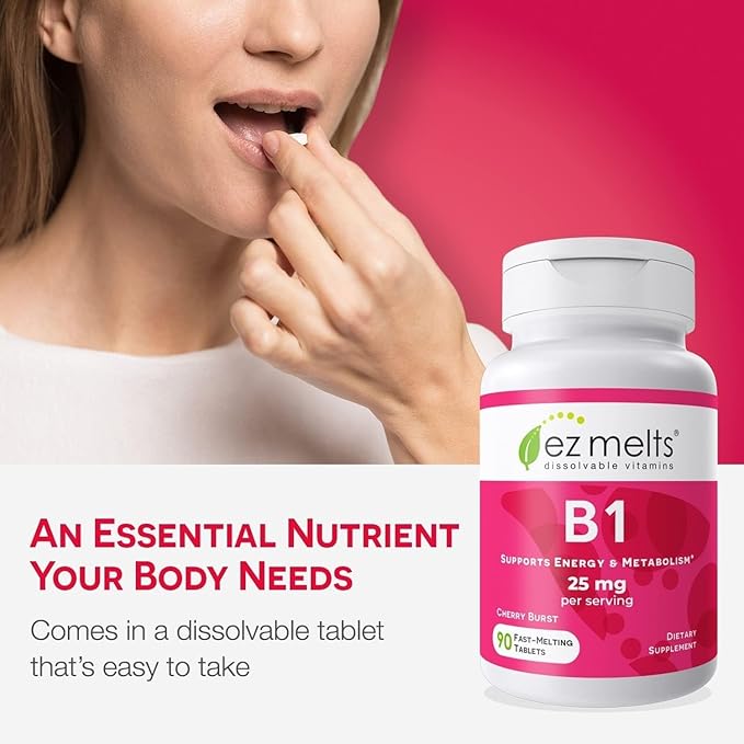 EZ Melts Dissolvable Vitamin B1 25 mg - Thiamin Supplement for Energy, Stress & Cellular Support - No Artificial Flavors - Non-GMO & Vegan - Cherry Burst - 180 Dissolvable Tablets (90 Servings)