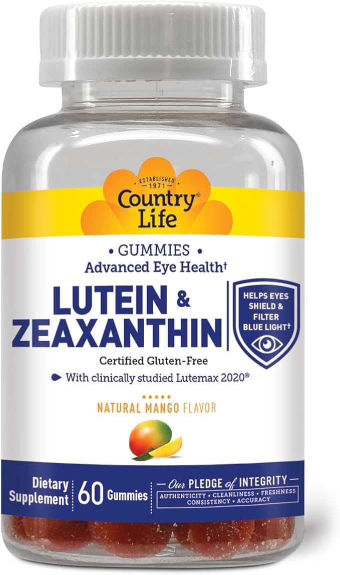 Country Life Lutein Gummies with Lutemax 2020, 60 Ct, Chewable Natural Eye Support Supplement, Marigold Lutein, Zeaxanthin, Eye Health & Macular Support, Non-GMO, Natural Fruit Pectin, Vegan