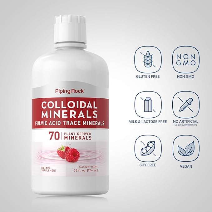 Piping Rock Colloidal Minerals Liquid | 32 fl oz | Fulvic Acid Trace Minerals | Plant Derived | Raspberry Flavor | Vegetarian, Non-GMO, Gluten Free Supplement