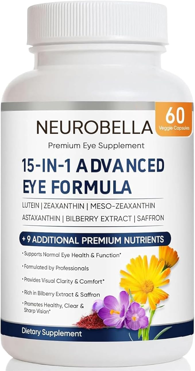 Neurobella Eye Formula, 15 in 1 Daily Eye Wellness Supplement with Lutein Zeaxanthin Bilberry & Vitamins, Clean Capsule Formula for Adult Wellness Routine (1)