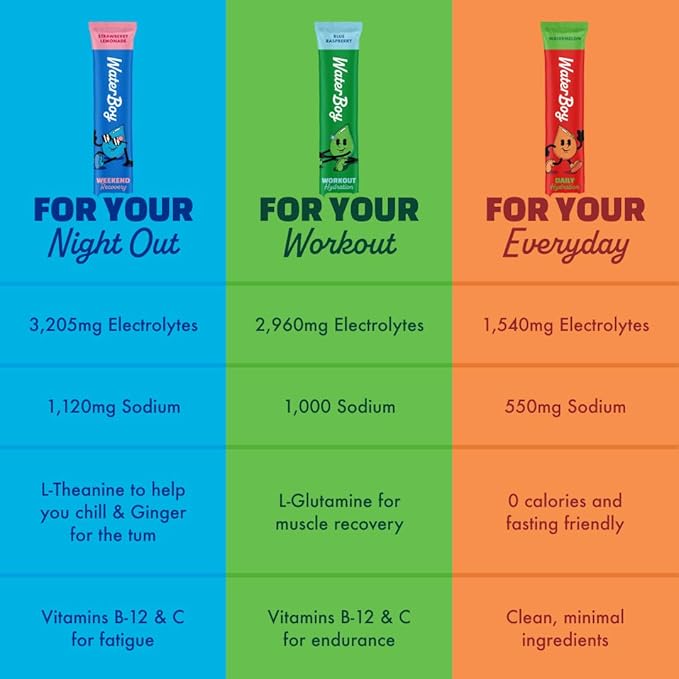 Waterboy Workout Hydration | 2,960mg Sugar Free Electrolyte Powder Packets | L-Glutamine + Vitamins | No Sugar, All Natural, Gluten Free (Variety)