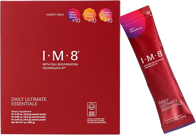 IM8 Daily Ultimate Essentials All-in-One Multivitamin Supplement, 92 Nutrient Rich Ingredients CoQ10, Probiotics, Vitamins, Greens, Gluten Free, Vegan (30 Packets, Variety Pack)
