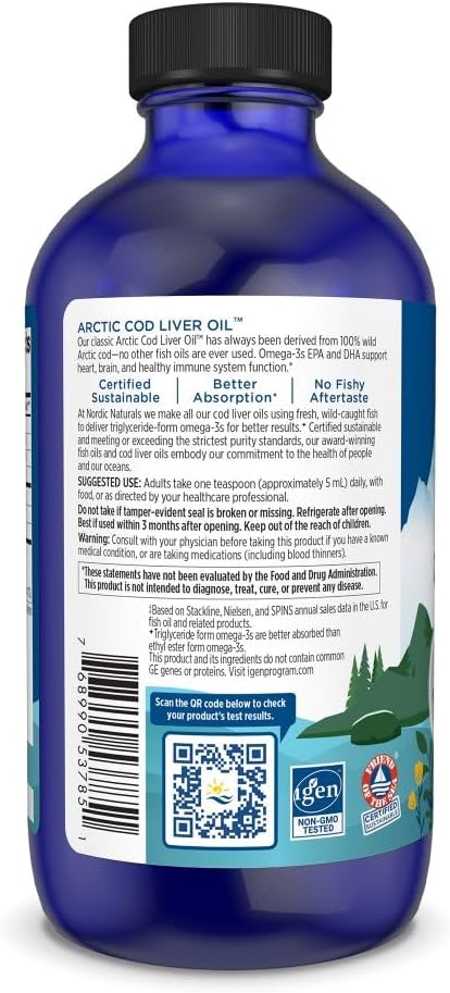 Nordic Naturals Arctic Cod Liver Oil, Unflavored - 8 oz - 1060 mg Total Omega-3s with EPA & DHA - Heart & Brain Health, Healthy Immunity, Overall Wellness - Non-GMO - 48 Servings (Pack of 2)