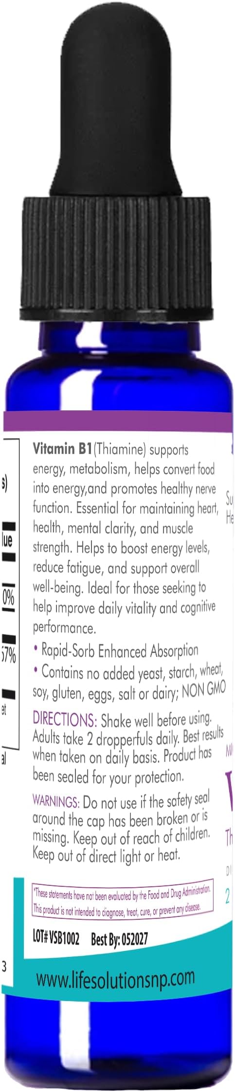 Life Solutions Vitamin B1 Dropper 2 oz - Thiamine B1 Supplement - Essential B1 Vitamins for Energy Boost and Nervous System Support - Liquid Formula for Easy Absorption