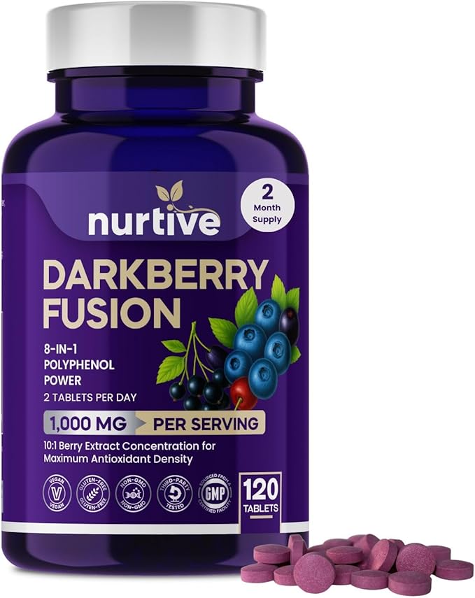 Darkberry Fusion Tablets – 1000 mg – 120 Tablets – 2 Tablets Per Day, 2-Month Supply – 8-Berry Blend with Maqui, Haskap, Aronia, Blueberry, Tart Cherry, Blackcurrant, Acai & Elderberry