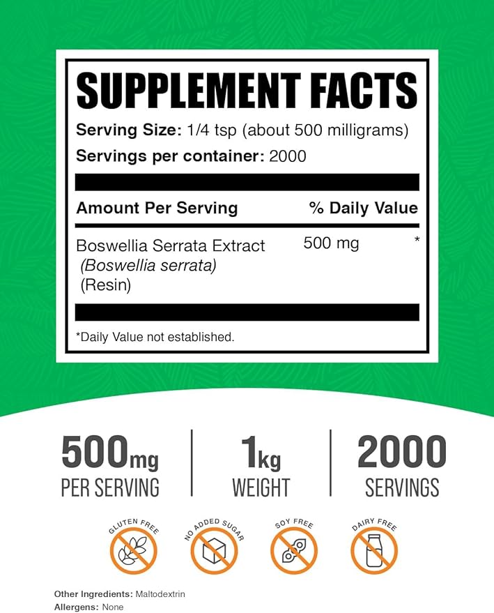 BulkSupplements.com Boswellia Serrata Extract Powder - Boswellia Supplement, from Frankincense Resin - Vegan & Gluten Free, 500mg per Serving, 1kg (2.2 lbs) (Pack of 1)