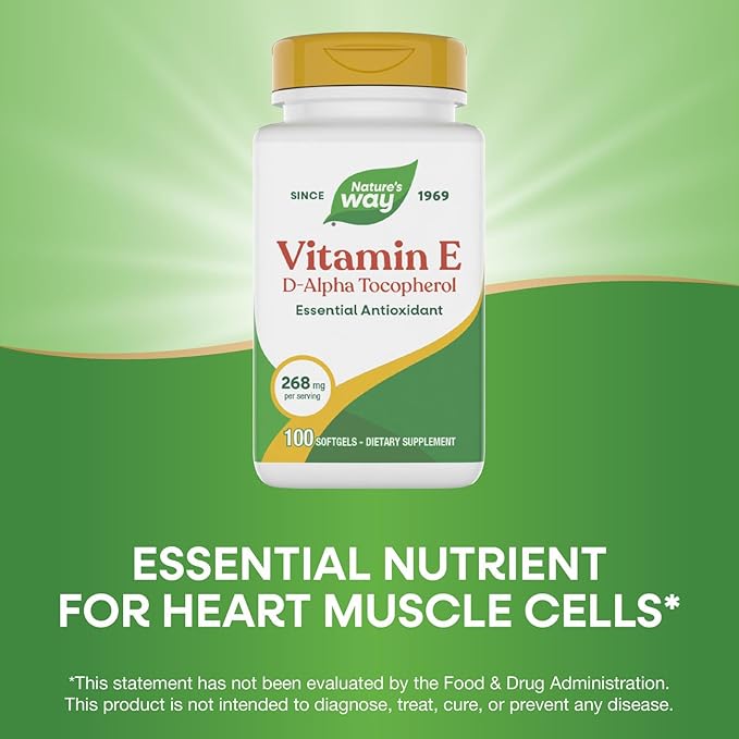 Nature’s Way Vitamin E D-Alpha Tocopherol - 268 mg per serving - Antioxidant – Essential Nutrient for Heart Muscle Cells* - Gluten Free - 100 Softgels