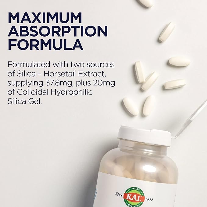 KAL Silica Plus, Silica Gel with Horsetail Extract, Healthy Hair, Skin & Nails Support, Maximum Absorption, Vibrant Hair, Glowing Skin Supplement, Vegan, Gluten Free, 90 Serv, 90 Quick Dissolve Tabs