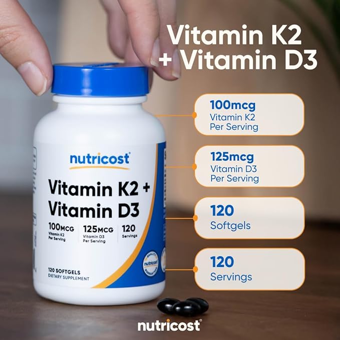 Nutricost Vitamin K2 (MK7) (100mcg) + Vitamin D3 (5000 IU) 120 Softgels - Gluten Free and Non-GMO (Pack of 2)
