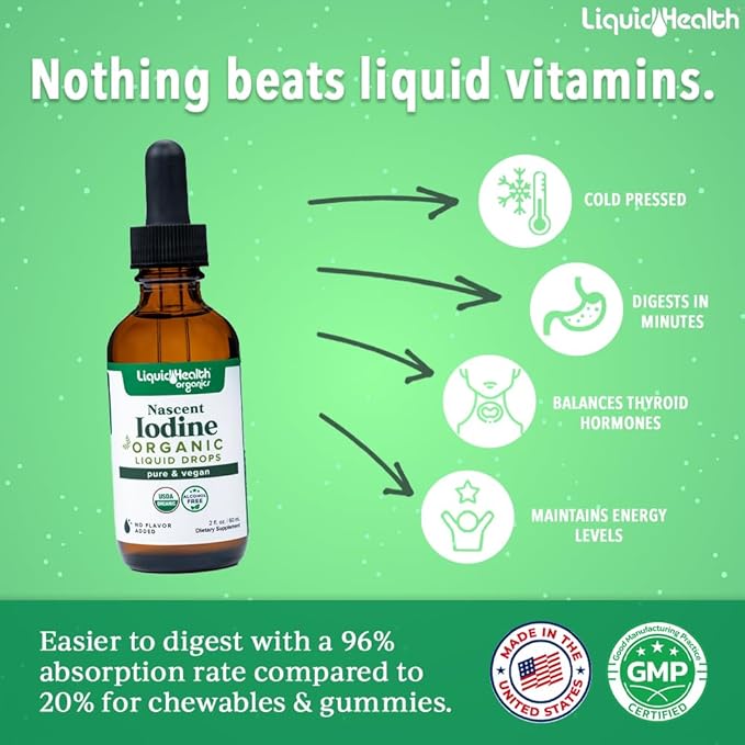LIQUIDHEALTH USDA Organic Nascent Iodine Liquid Drops, Pure Iodine Supplement for Thyroid & Immune Support, Energy Supplement - Made in USA, Vegan, Colorless, Tasteless Tincture (2 oz)