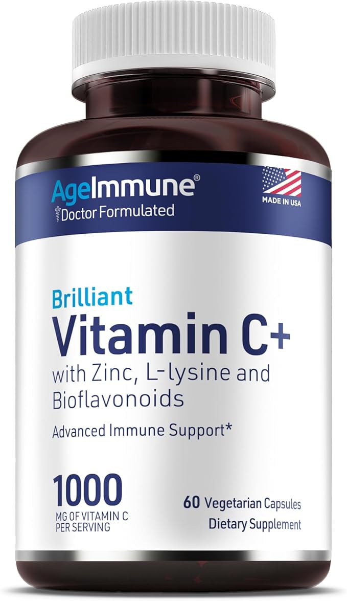 AgeImmune Vitamin C 1000mg Complex with L-Lysine 500mg, Zinc 12mg, Bioflavonoids 300mg. Doctor Formulated Magnesium Stearate Free Supplements for Healthy Immune System Support.(1)