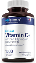 AgeImmune Vitamin C 1000mg Complex with L-Lysine 500mg, Zinc 12mg, Bioflavonoids 300mg. Doctor Formulated Magnesium Stearate Free Supplements for Healthy Immune System Support.(1)