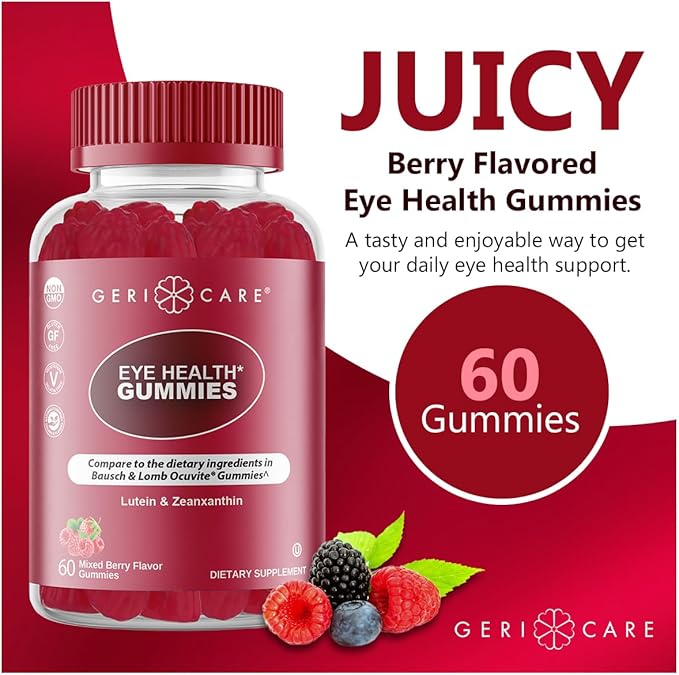 GeriCare Eye Support Gummies, Compare to Bausch and Lomb Ocuvite Gummy, Lutein & Zeaxanthin Vision Health Supplement, Naturally Sourced, Plant-Based, Non-GMO, Gluten-Free, 60 Chewable Berries Gummies