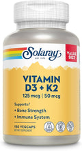 SOLARAY Vitamin D3 K2 - Bone Health and Immune Support Supplement - With 5000 IU Vitamin D as Vit D3 and 50 mcg Vitamin K2 as Menoquinone MK7, Made Without Soy, 60-Day Guarantee, 180 Serv, 180 VegCaps