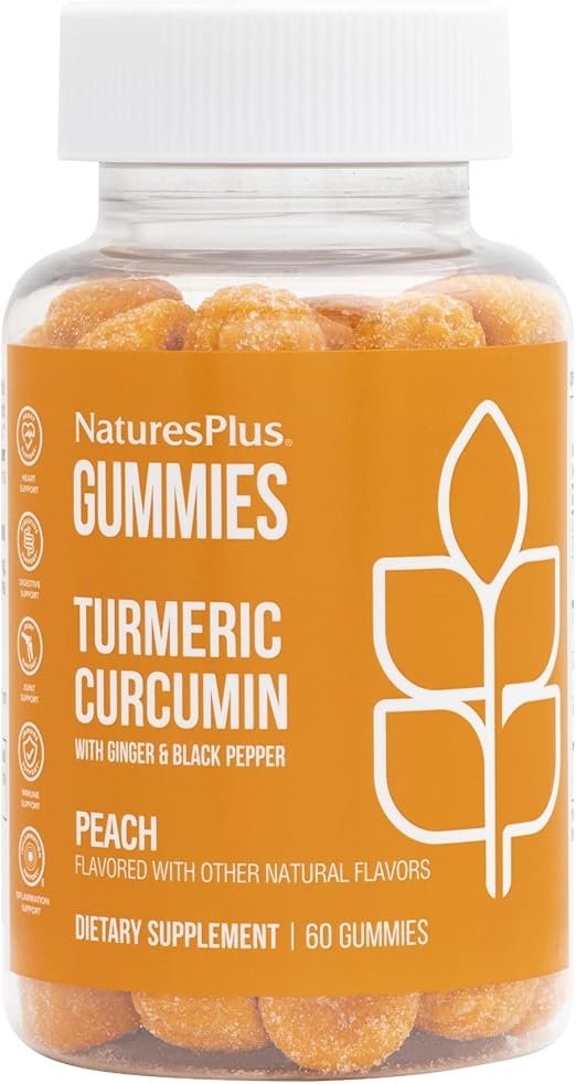 NaturesPlus Gummies Turmeric Curcumin - 60 Gummies, Peach - Supports Joint, Digestive & Cardiovascular Health - Vegan, Gluten Free, Non-GMO - 30 Servings