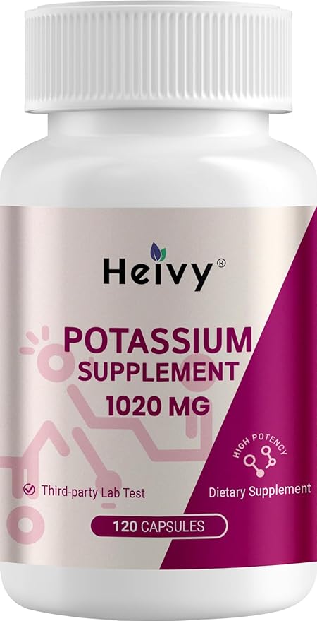 Heivy Potassium Supplement 1020 mg, Potassium Bicarbonate, Supports Electrolyte Balance, Muscle Function & Heart Health, Made in USA, Gluten Free, Non-GMO, 120 Vegetarian Capsules