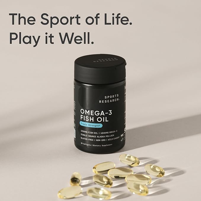 Sports Research Triple Strength Omega 3 Fish Oil 1250mg from Wild Alaskan Pollock - Burpless Fish Oil Supplement with Omega-3 EPA & DHA - Sustainably Sourced, Non-GMO, Gluten Free - 30 Softgels