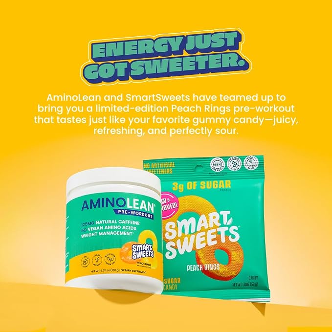 RSP NUTRITION AminoLean x SmartSweets Pre Workout Powder, Amino Energy with Vegan BCAA Amino Acids & Natural Caffeine, Preworkout Boost for Men & Women, Peach Rings