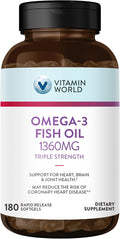 Vitamin World Triple Strength Omega 3 Fish Oil 1360 mg Supplement, 950 mg Active Omega-3 Fatty Acids with EPA & DHA, Supports Heart, Brain & Joint Health, Gluten Free, 180 Softgels, 6 Months Supply