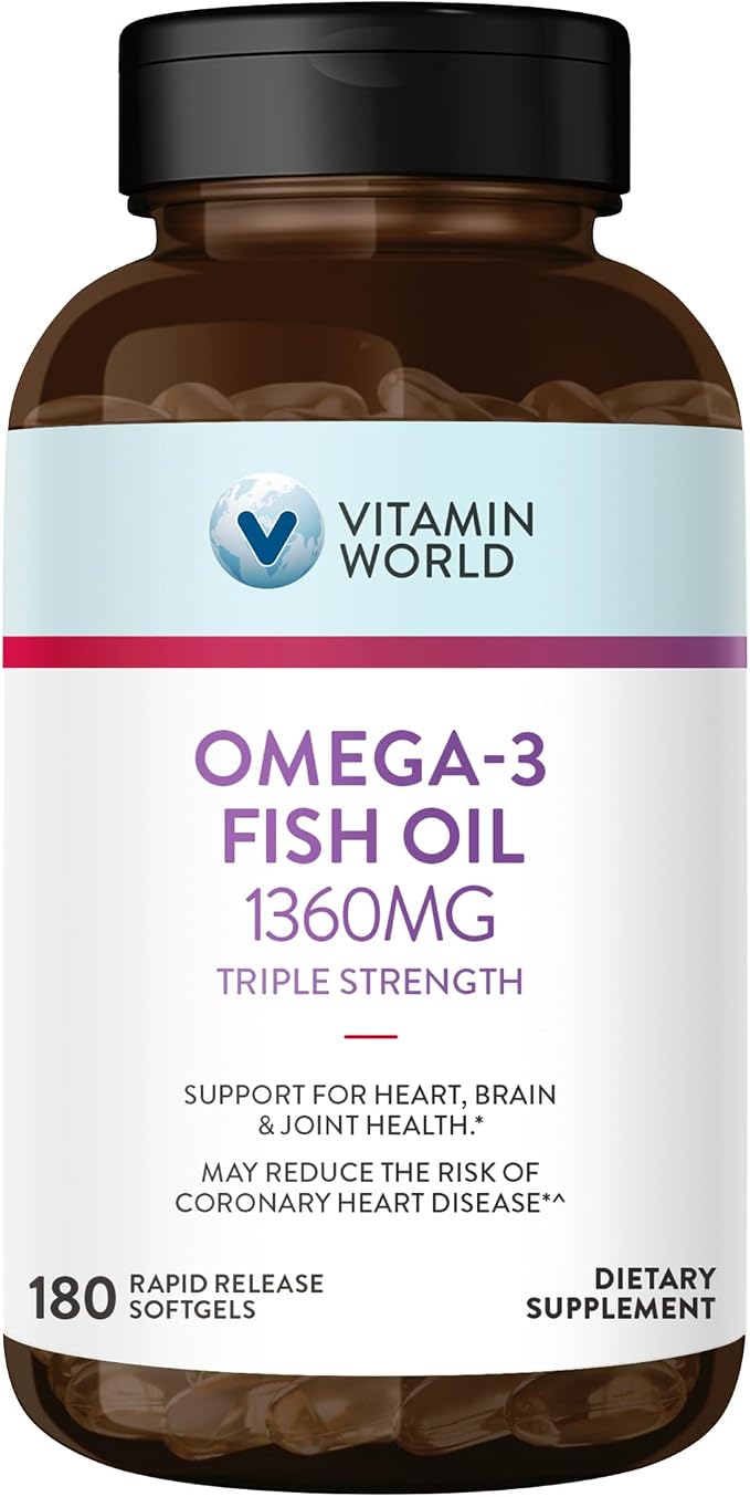 Vitamin World Triple Strength Omega 3 Fish Oil 1360 mg Supplement, 950 mg Active Omega-3 Fatty Acids with EPA & DHA, Supports Heart, Brain & Joint Health, Gluten Free, 180 Softgels, 6 Months Supply