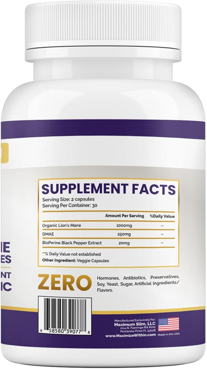 Maximum Slim Lion's Mane & DMAE Capsules: Enhance Memory, Boost Mental Clarity, and Sharpen Focus - 60 Capsules for Maximum Cognitive Support