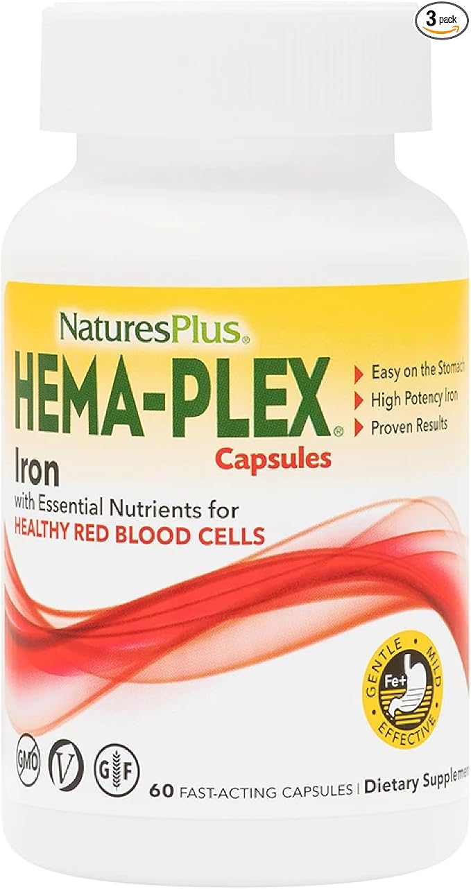 NaturesPlus Hema-Plex Iron - 60 Fast-Acting Capsules - 3 Pack - 85 mg Chelated Iron + Vitamin C & Bioflavonoids for Healthy Red Blood Cells - Vegan, Gluten Free - 90 Total Servings