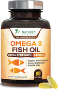 Omega 3 Fish Oil Supplements - 2400mg Fish Oil Per Serving - Triple Strength Omega-3 with EPA & DHA Fatty Acids - Natural Heart, Brain & Immune Support - Wild Caught, Bottled in USA - 180 Softgels