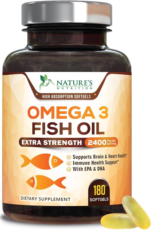 Omega 3 Fish Oil Supplements - 2400mg Fish Oil Per Serving - Triple Strength Omega-3 with EPA & DHA Fatty Acids - Natural Heart, Brain & Immune Support - Wild Caught, Bottled in USA - 180 Softgels