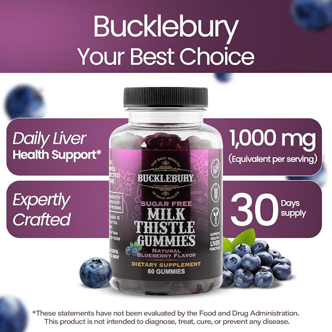 Bucklebury Sugar-Free Milk Thistle Gummies 1000mg with Natural Blueberry Flavor - Vegan, Gluten-Free, Non-GMO Natural Milk Thistle Supplement for Liver Health, Immunity & Antioxidant Support -60 Count