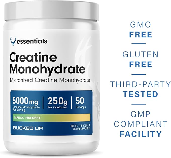 Bucked Up Mango Pineapple Creatine for Women and Men - Easy to Mix Vegetarian - Flavored Creatine Monohydrate Powder - Made in USA - 5G Per Serving - 50 Servings - 250 Grams Per Container
