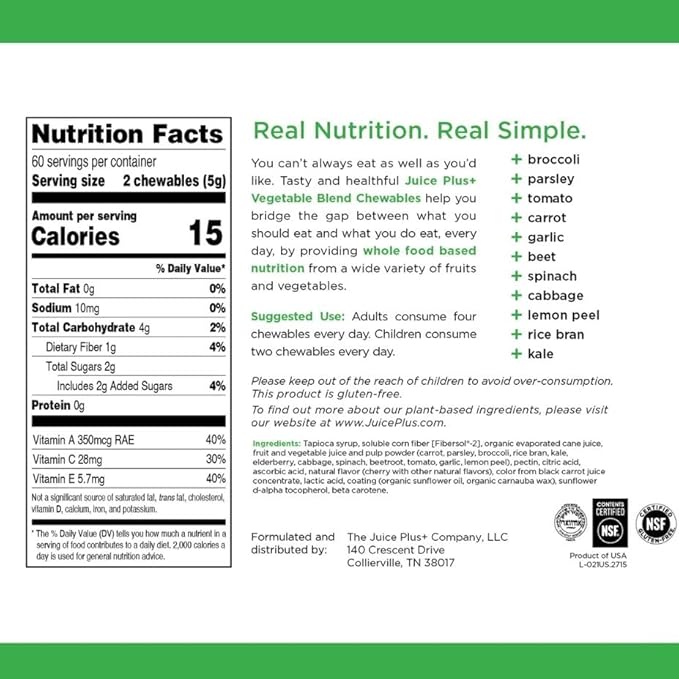 Juice Plus+ Fruit, Vegetable & Berry Blend Soft Chews (Chewables) - 30 Plant-Based Ingredients! Vegan Gummies for Kids & Adults - Gluten-Free, Non-GMO, No HFCS - Prepacked 3 Pouches (30 Chews Each)