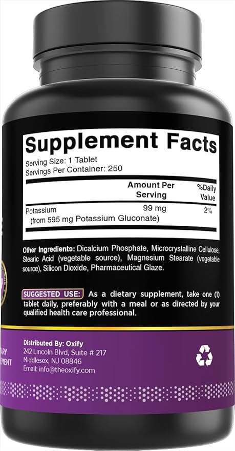 Oxify Potassium Gluconate 595 mg | 250 Tablets | Gluten-Free, Non-GMO | Supplement Made in USA