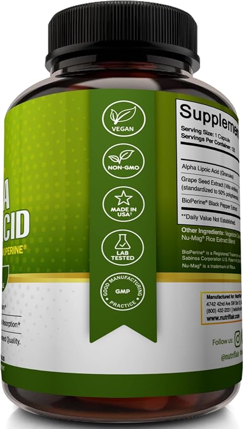 NutriFlair Alpha Lipoic Acid 600mg, 120 Capsules - with Grape Seed Extract and BioPerine Black Pepper - Extra Strength