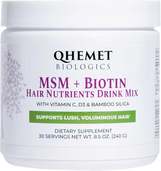 Qhemet Biologics MSM + Biotin Hair Nutrient Drink Mix - Vitamins Powder to Support Lush Volume - Bamboo Silica & Vitamins D3 + B12 for Hair Health - Jumpstart Your Hair Growth Journey (8.5 oz)