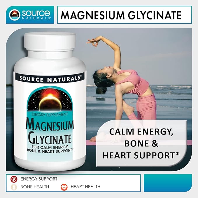 Source Naturals Magnesium Glycinate, Chelated for high Absorption | for Calm Energy, Bone & Heart Support*, 200 mg per Serving - 180 Tablets