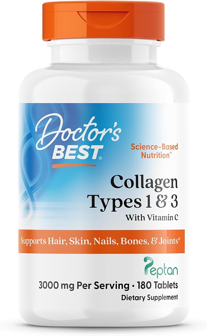 Doctor's Best Collagen Peptides Types 1 & 3 - Collagen Supplement for Women & Men, Supports Hair, Skin, Nails, & Joint Health, Includes 30 mg Vitamin C & 3 g Protein Per Serving, Non GMO - 180 Tablets
