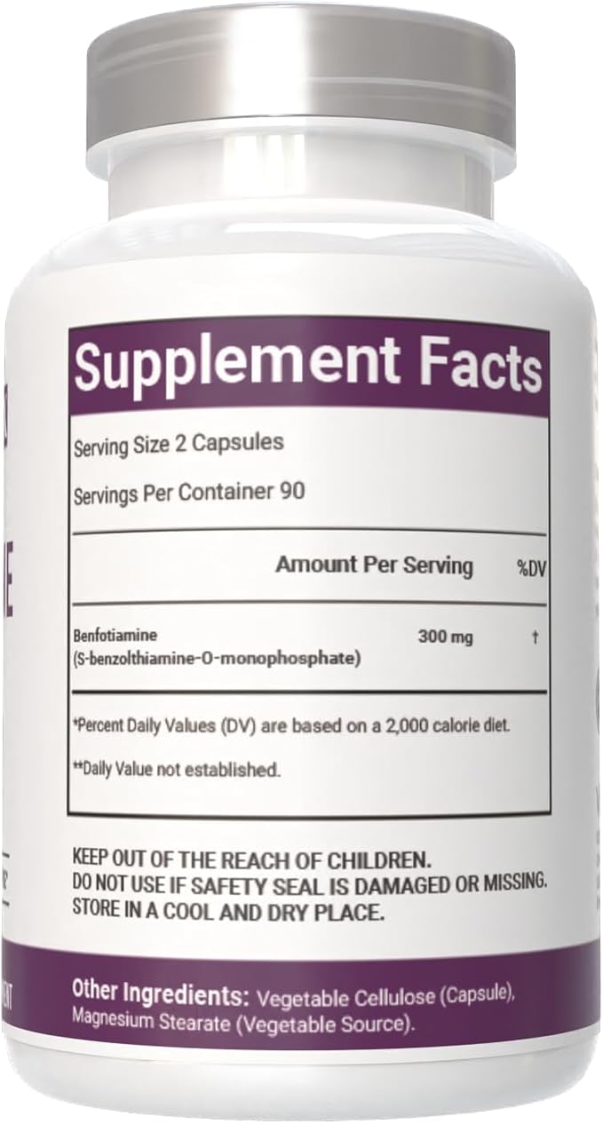 Benfotiamine 300mg, 180 Veggie Capsules, Fat Soluble Vitamin B1, Non-GMO, Gluten-Free, Vegan