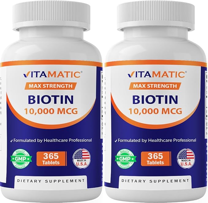 Vitamatic Biotin 10,000 mcg (10 mg) for Stronger Hair, Skin & Nails - 365 Vegan Tablets- Also Called Vitamin B7-2 Pack