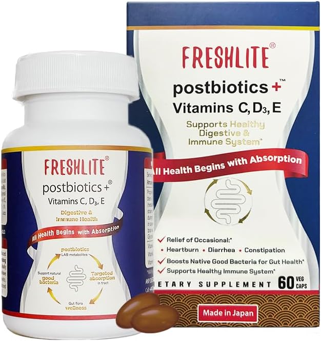 FRESHLITE Premium Vegan Postbiotics for Gut Health | IBS. Diarrhea. Bloating | Advanced Postbiotics Formula Beyond Pre & Probiotics | Vitamin C, D3 & E | Non-GMO, Gluten-Free, 60 Capsules Japan Made