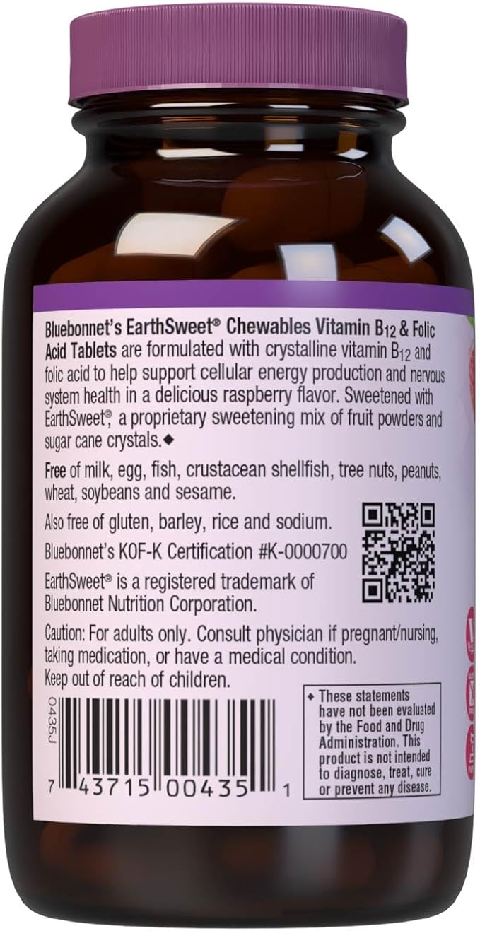 BlueBonnet Nutrition Earth Sweet Vitamin B12 & Folic Acid Chewable Tablets, Cream Raspberry 180 Count (Pack of 1)