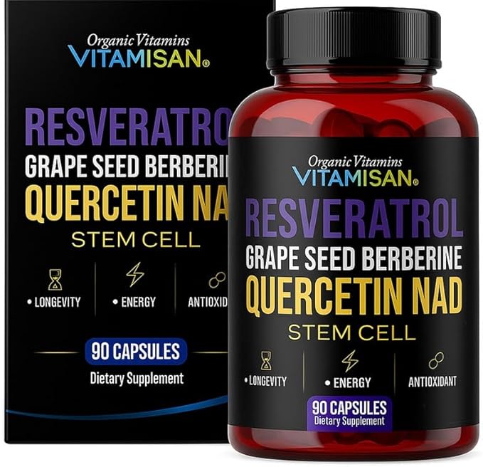 VITAMISAN Resveratrol NAD+ Quercetin Berberine & CoQ10 – Longevity & Antioxidant Support – 3 Bottles (270 Capsules) – Made in USA