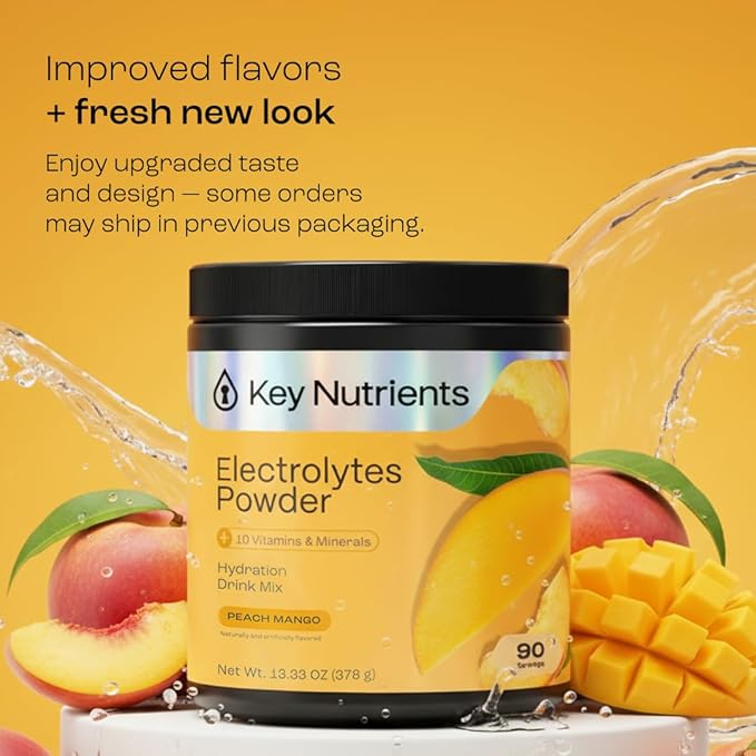KEY NUTRIENTS Multivitamin Electrolytes Powder No Sugar - Tropical Peach Mango Electrolyte Powder - Endurance & Energy Supplement - Hydration Powder - No Calories - 90 Servings - Made in USA