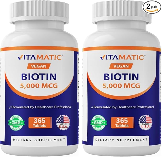 Vitamatic Biotin 5000mcg (5 mg) for Stronger Hair, Skin & Nails - 365 Vegan Tablets- Also Called Vitamin B7 (Pack of 2)