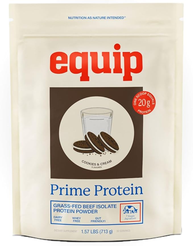 Equip Prime Cookies & Cream Protein Powder - Gut-Friendly, No Sugar Protein Shake Powder with Grass-Fed Beef & Natural Collagen - Rich & Creamy Mix - 21g Per Serving - Whey & Dairy-Free (30 Scoops)