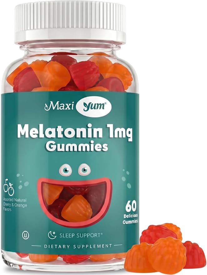 Maxi Health 1mg Melatonin Gummies – Kids Melatonin Chewables with Natural Cherry & Orange Flavor – Adult and Baby Sleep Help Supplement to Support Restful Nights (60 Count)