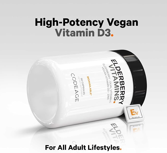 Codeage Elderberry Vitamins - Organic Fermented Elderberry Blend, Vitamin C from Ascorbic Acid & Organic Acerola Cherries, Vitamin D3, Zinc, Sambucus Berries - 90 Capsules