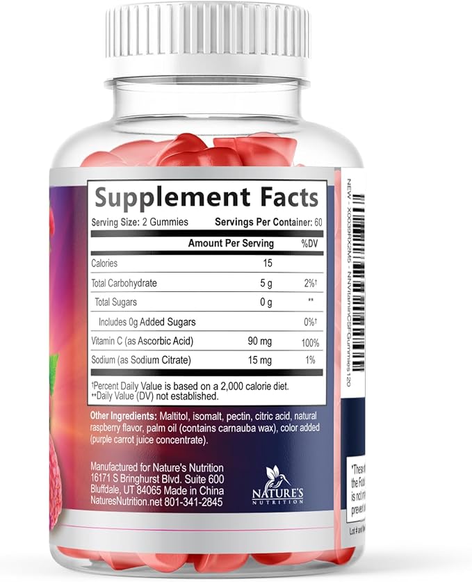 Vitamin C Gummies - 100% of Daily Vitamin C & Sugar Free - Immune Support with Powerful Antioxidants - Nature's Vegan VitaminC Dietary Supplement - Raspberry Flavor for Kids & Adults - 120 Gummies