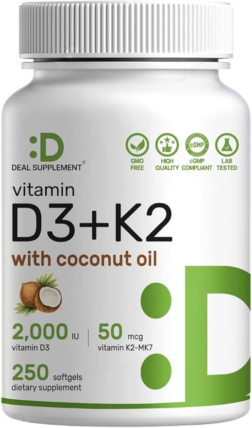 DEAL SUPPLEMENT Vitamin D3 2,000 IU + K2 MK7 50mcg Softgels | 2-in-1 Complex with Virgin Coconut Oil | Supports Heart, Bone, Teeth & Immune Health | Easy to Swallow