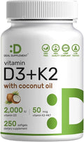 DEAL SUPPLEMENT Vitamin D3 2,000 IU + K2 MK7 50mcg Softgels | 2-in-1 Complex with Virgin Coconut Oil | Supports Heart, Bone, Teeth & Immune Health | Easy to Swallow