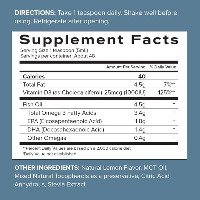 SFH Fish Oil 3400mg Omega 3 Liquid | Omega 3 Fish Oil Supplement with EPA DHA + Vitamin D3 1000 IU | Natural Orange Flavor | Wild Alaskan Pollock | 8 fl oz